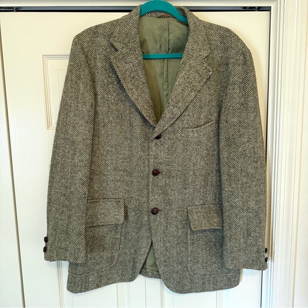 VTG Harris Tweed Jacket Mens Green Herringbone 1960s Coat Deansgate Virgin Wool